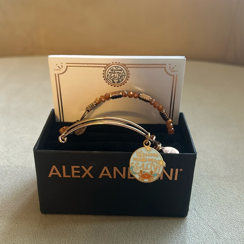 Alex And Ani THE OCEAN MADE ME SALTY SET OF 2 Rose Bangles W/Tag Card & Box